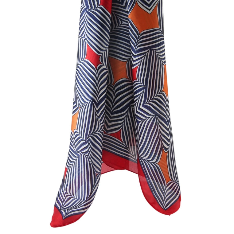 Clara Scarf-Silk-Geometric Design-Navy-white-Red and Orange highlights-Dessigned in Italy