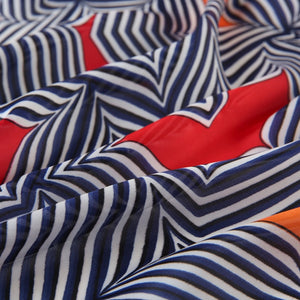 Clara Scarf-Silk-Geometric Design-Navy-white-Red and Orange highlights-Dessigned in Italy