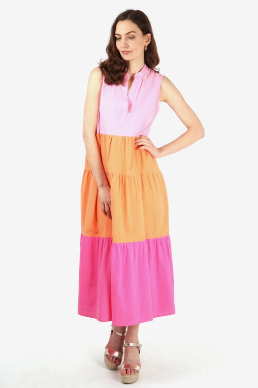 Colourblock Tiered Dress-Pink and Orange-Front