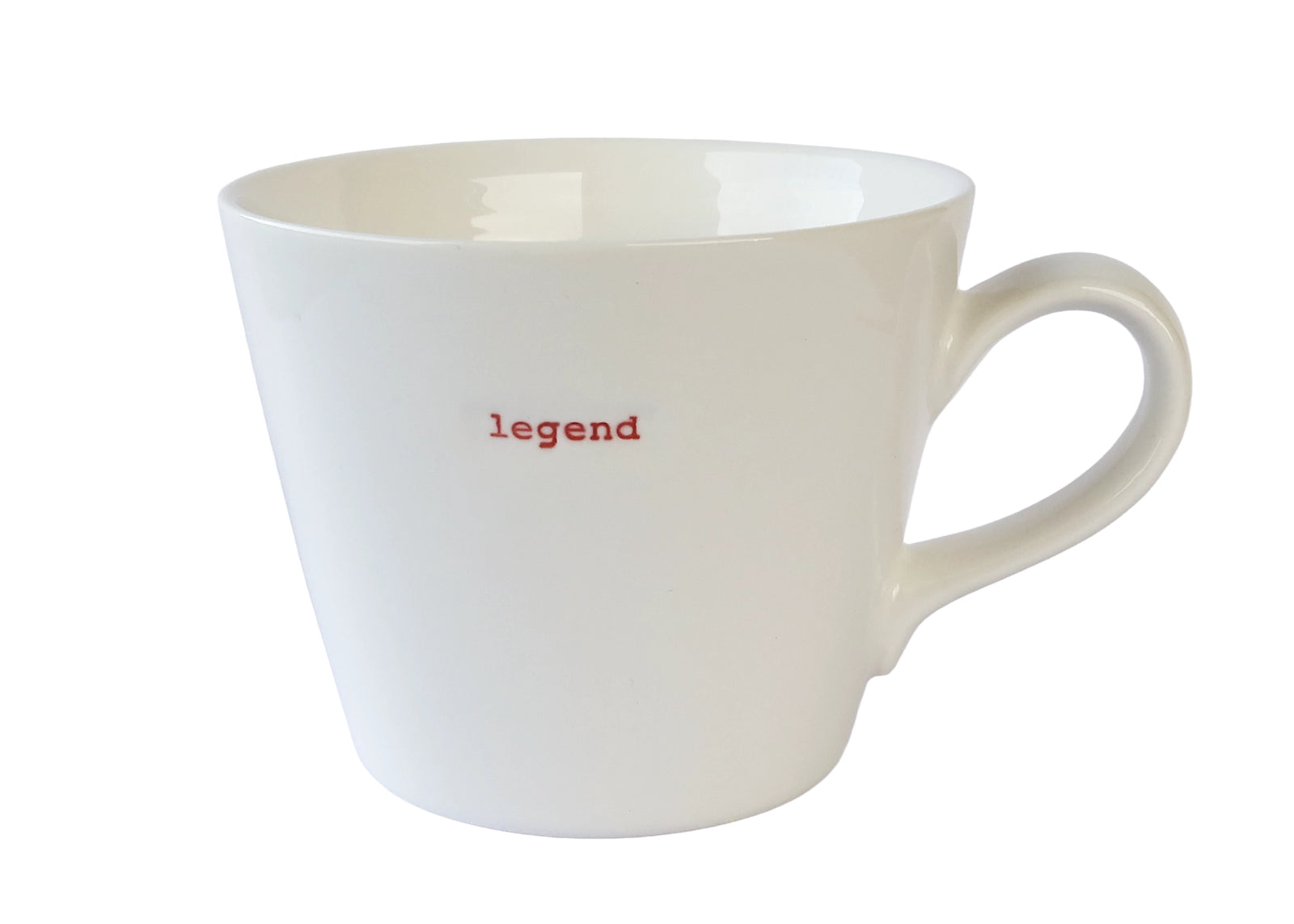 White mug with 'legend' text in red on a white background