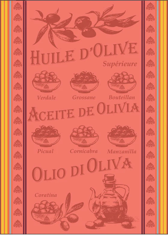 French Jacquard Tea Towel - Olive Oil (Coral)