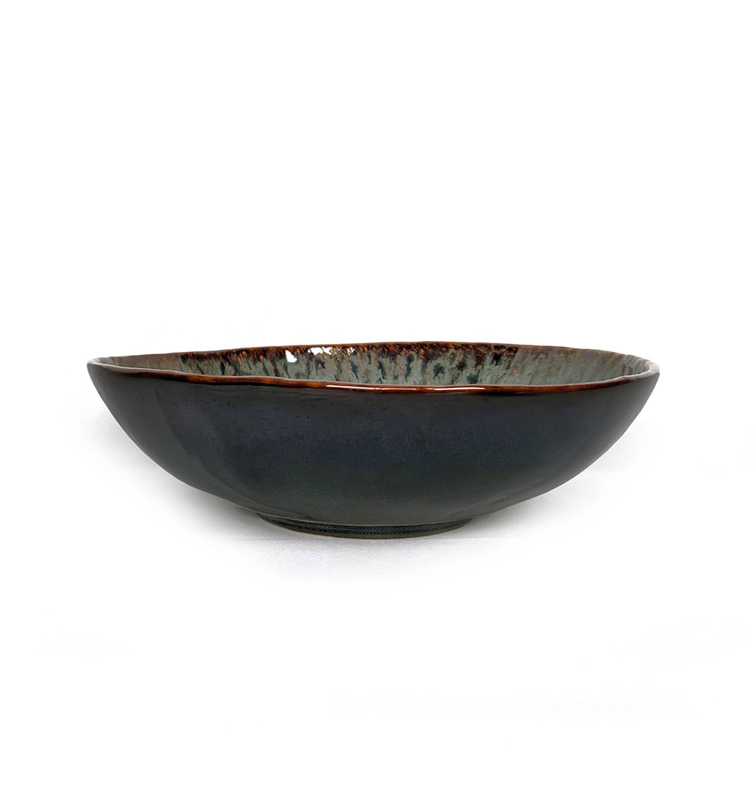 A wide, shallow ceramic bowl with a dark charcoal gray exterior and a speckled, metallic bronze interior, shown on a plain white background.