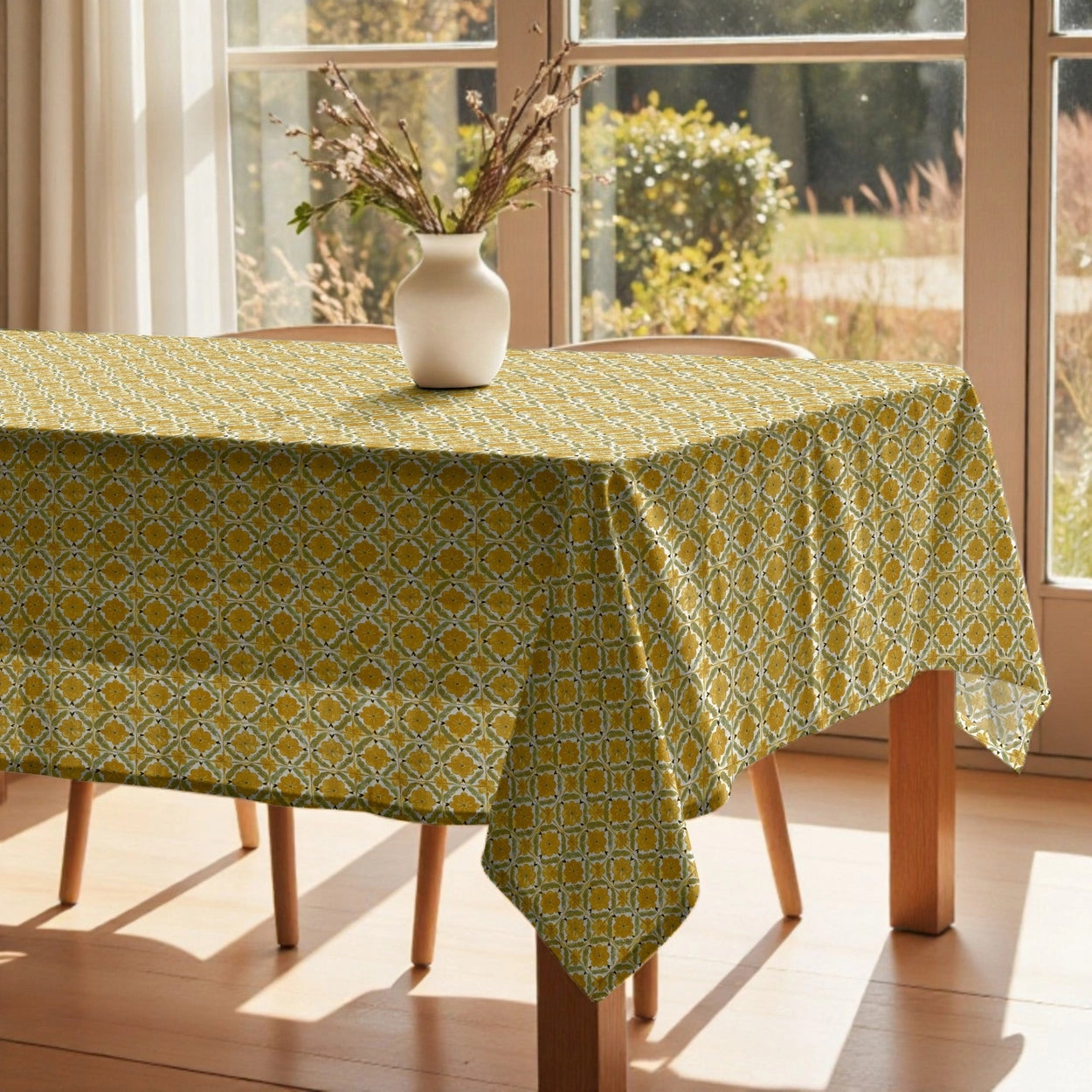 Tablecloth with yellow geometric pattern on a wooden table in a bright room with large windows.