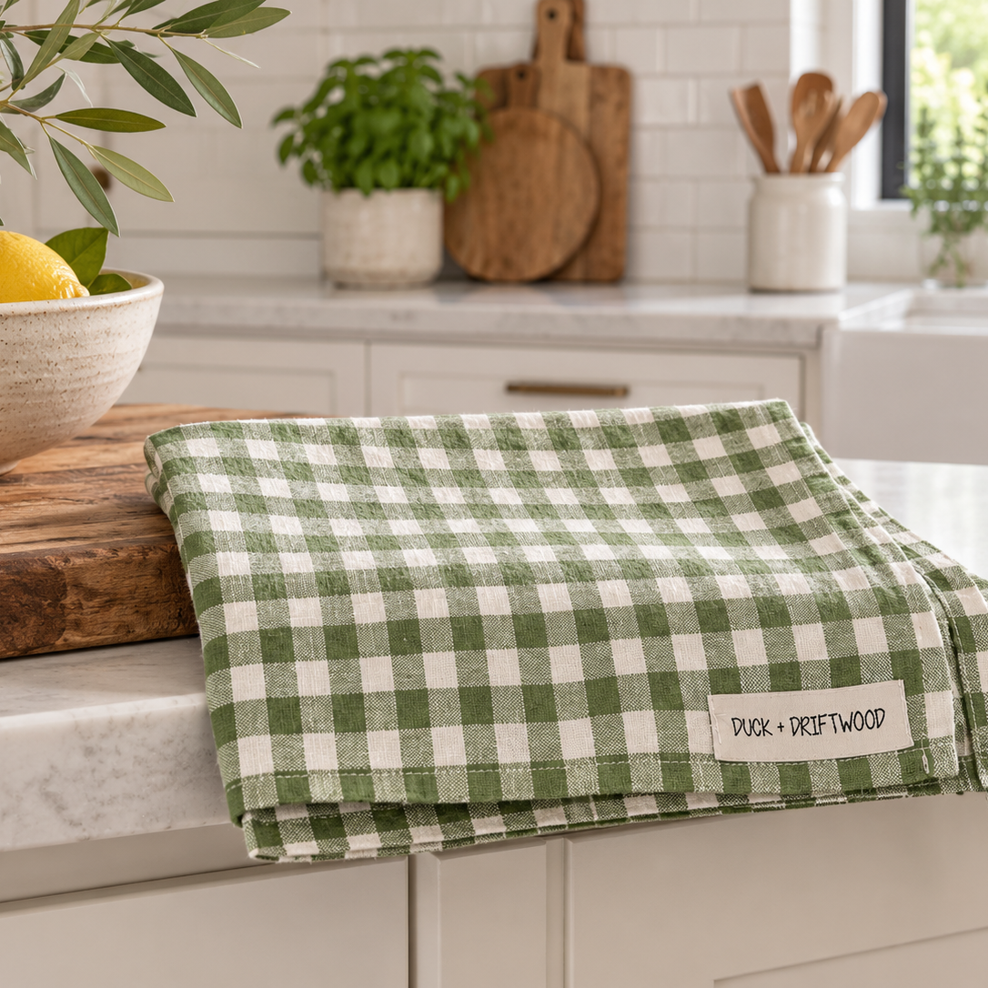 French Linen Tea Towel | Heritage Green Gingham