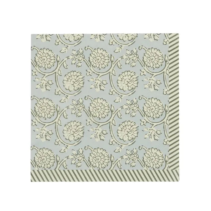 Paper napkins- pale blue floral-block print design-diagonal stripe border