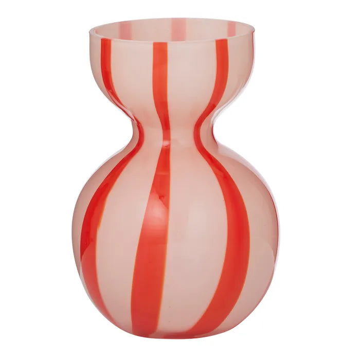 Vase with red and pink striped design on a white background