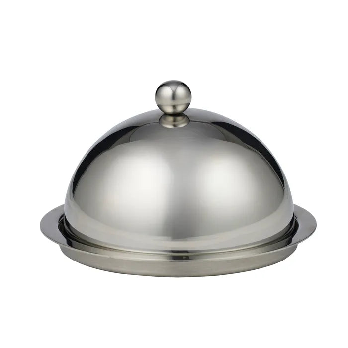 A polished stainless steel cloche dome with a matching circular base and a small spherical knob on top, shown on a plain white background.