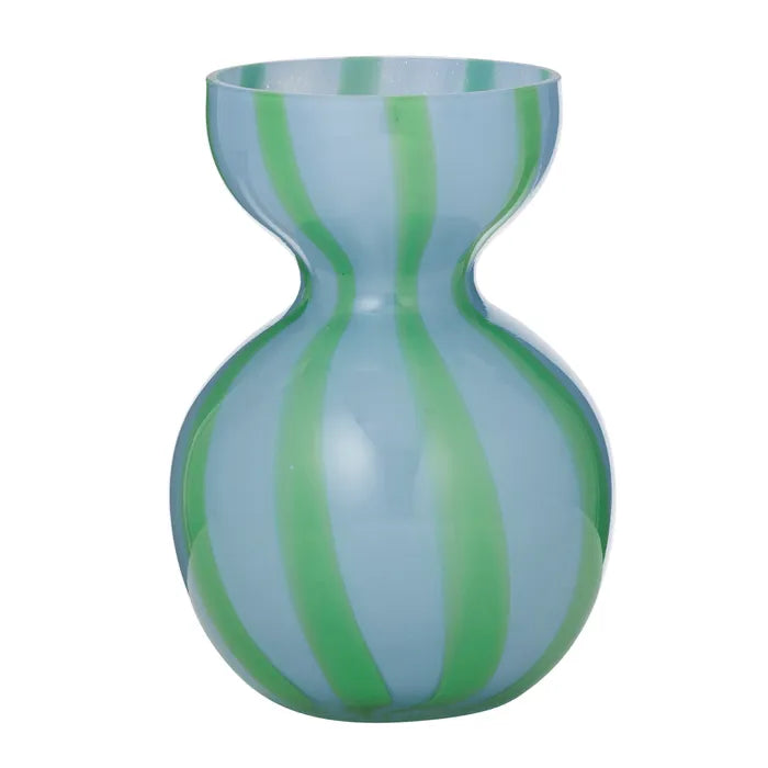 Vase with green and blue striped pattern on a white background
