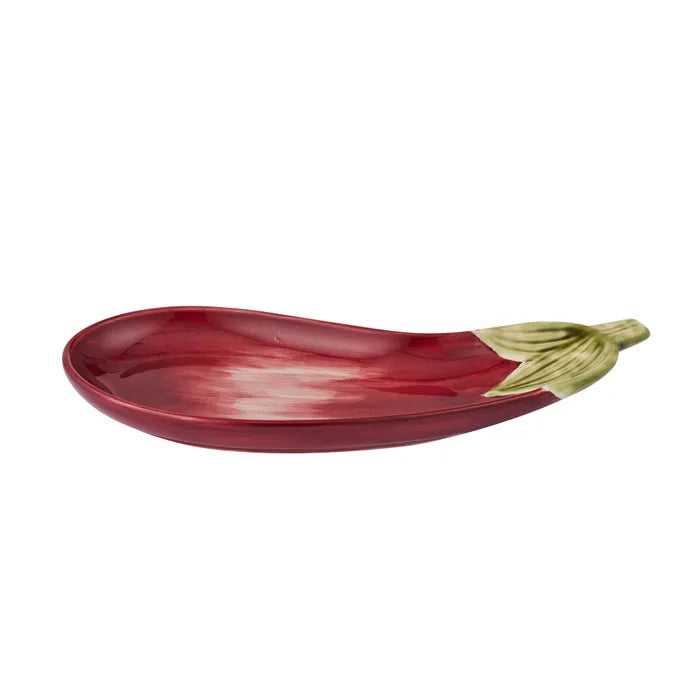 Cceramic dish shaped like an eggplant on a white background