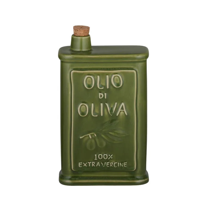 Green ceramic olive oil bottle with cork lid on a white background
