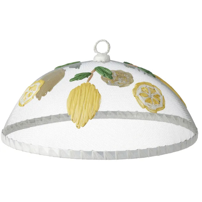 Mesh dome-shaped kitchen cover with lemon  designs on a white background