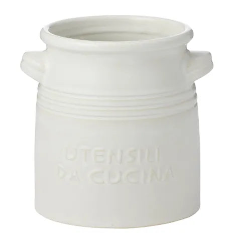 White ceramic canister with 'Utensili da Cucina' text on a white background