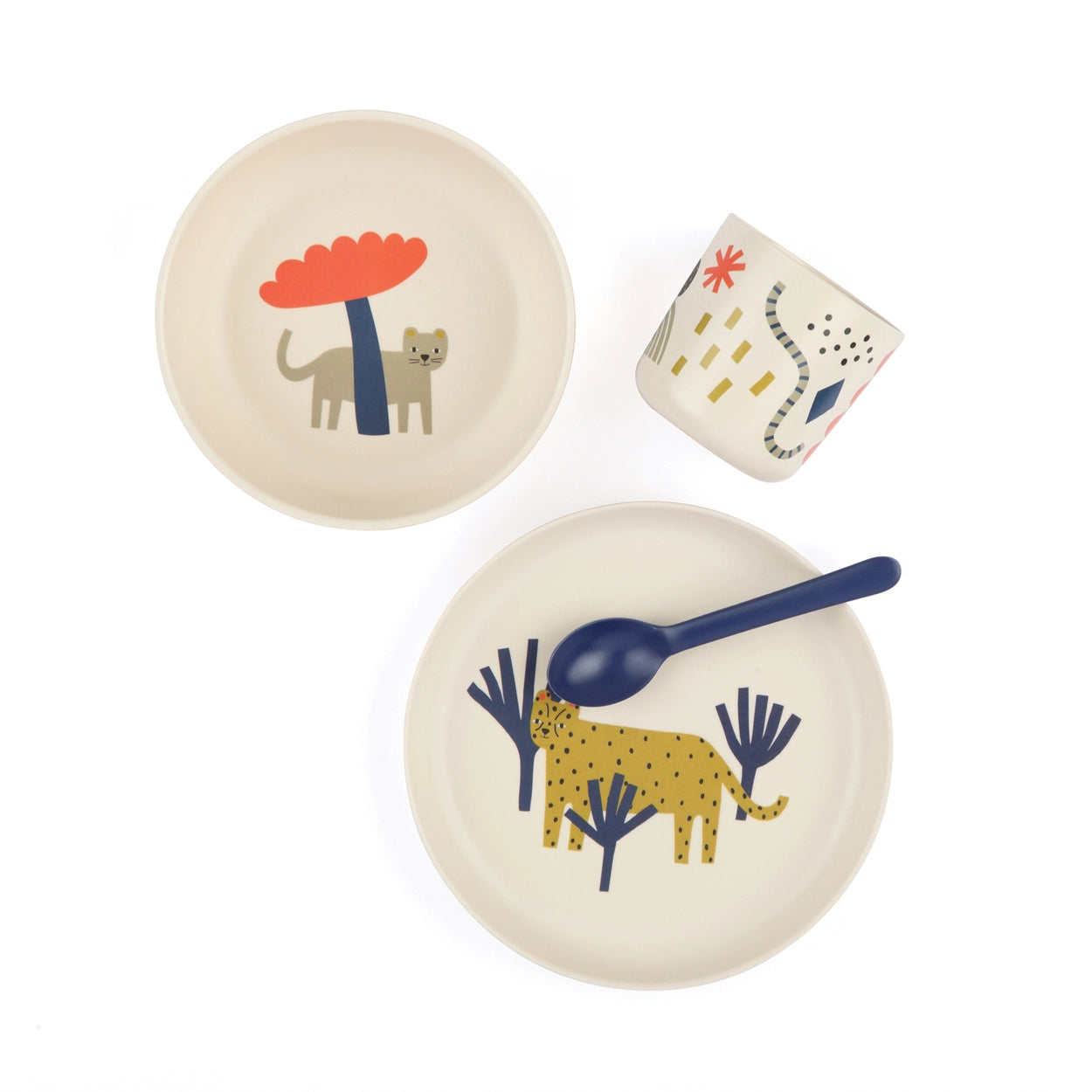 Children's tableware set with animal-themed plates, a mug, and a spoon on a white background
