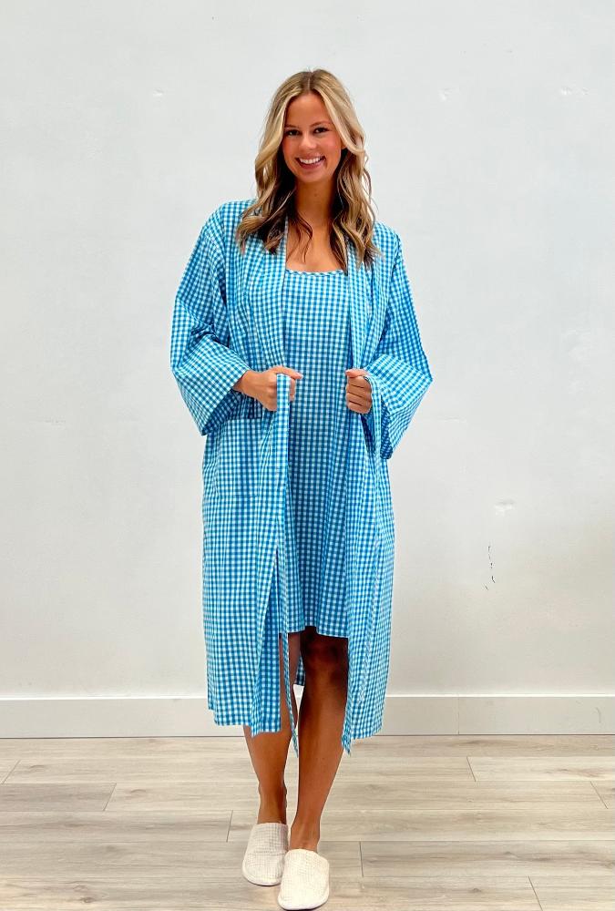 Cotton Kimono Robe - Blue Check