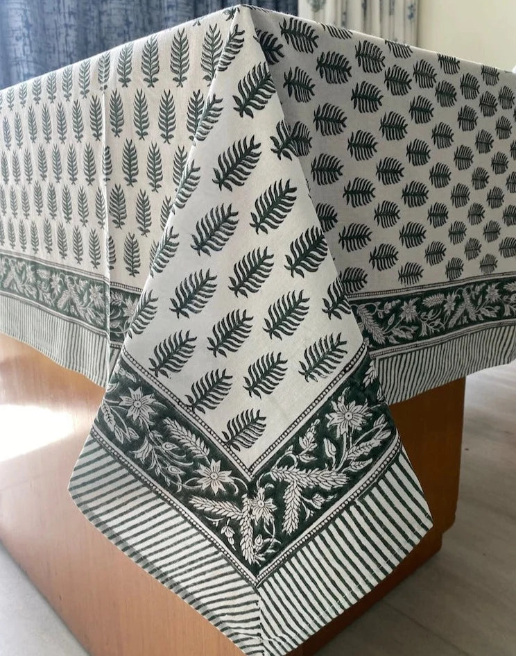 Jacob Little-Dulwich Hill-Delphine Tablecloth-Green-White-Hand Block Print-Cotton