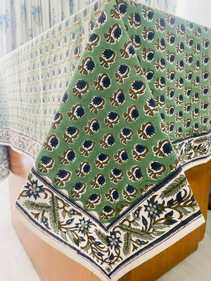 Jacob Little-Dulwich Hill-Harlech Tablecloth-Green-Blue-White-Taupe-Hand Block Print-Cotton