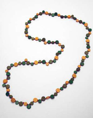 Marnie Necklace-Wood Circular Beads-Long-Teal-Khaki & Mustard