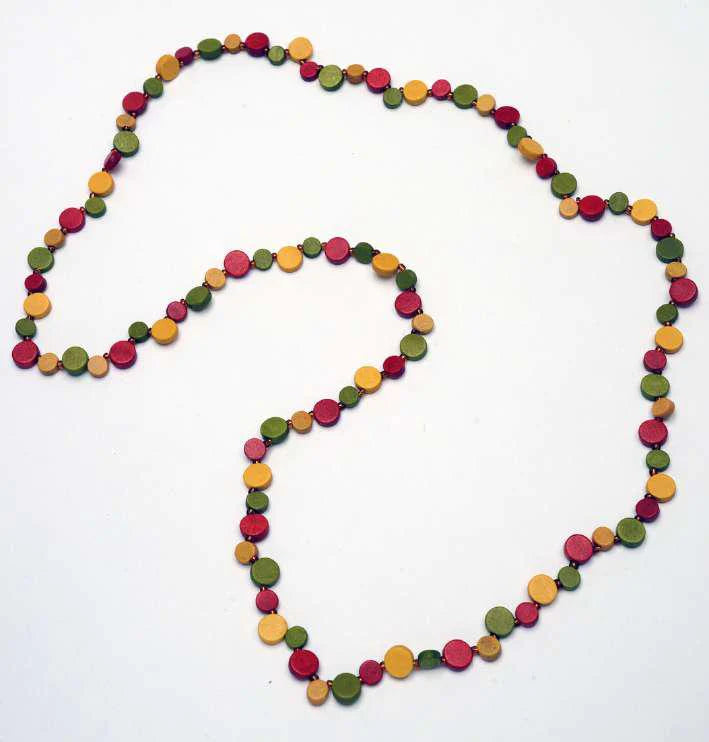 Marnie Necklace-Wood Circular Beads-Long-Fuschia-Khaki & Mustard