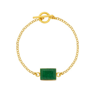 Gold Chain Bracelet-Bar Fastening-Green Rectangular Stone-Malachite
