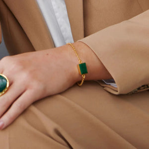 Gold Chain Bracelet-Bar Fastening-Green Rectangular Stone-Malachite-shown of ladies wrist