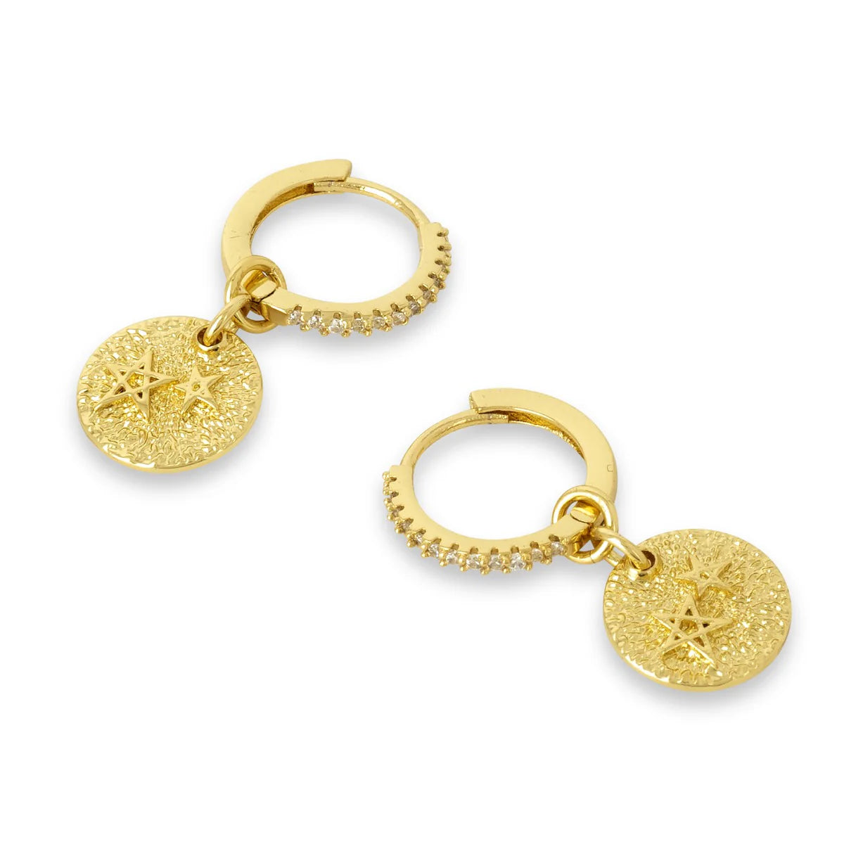 Starlight huggies-Gold hoops with star patterned discs-Cubic Zirconia on hoops