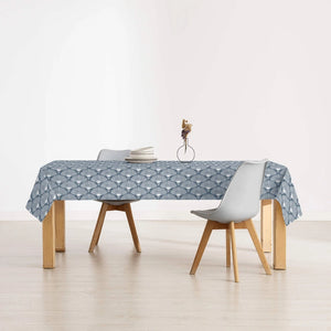 Kabuki Tablecloth-Stain resistant-Japanese Inspired navy and white design-On table
