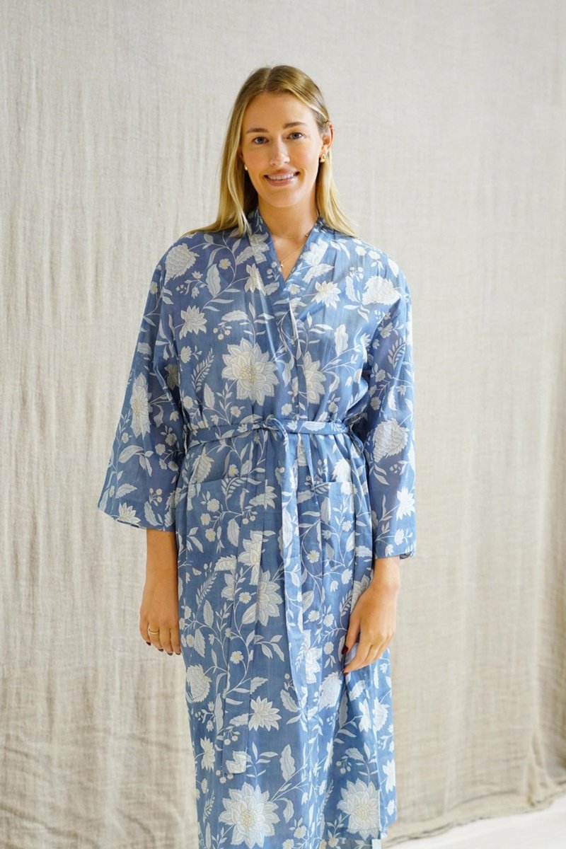 Kimono Robe-Cotton-Floral Design on Pale Blue Background