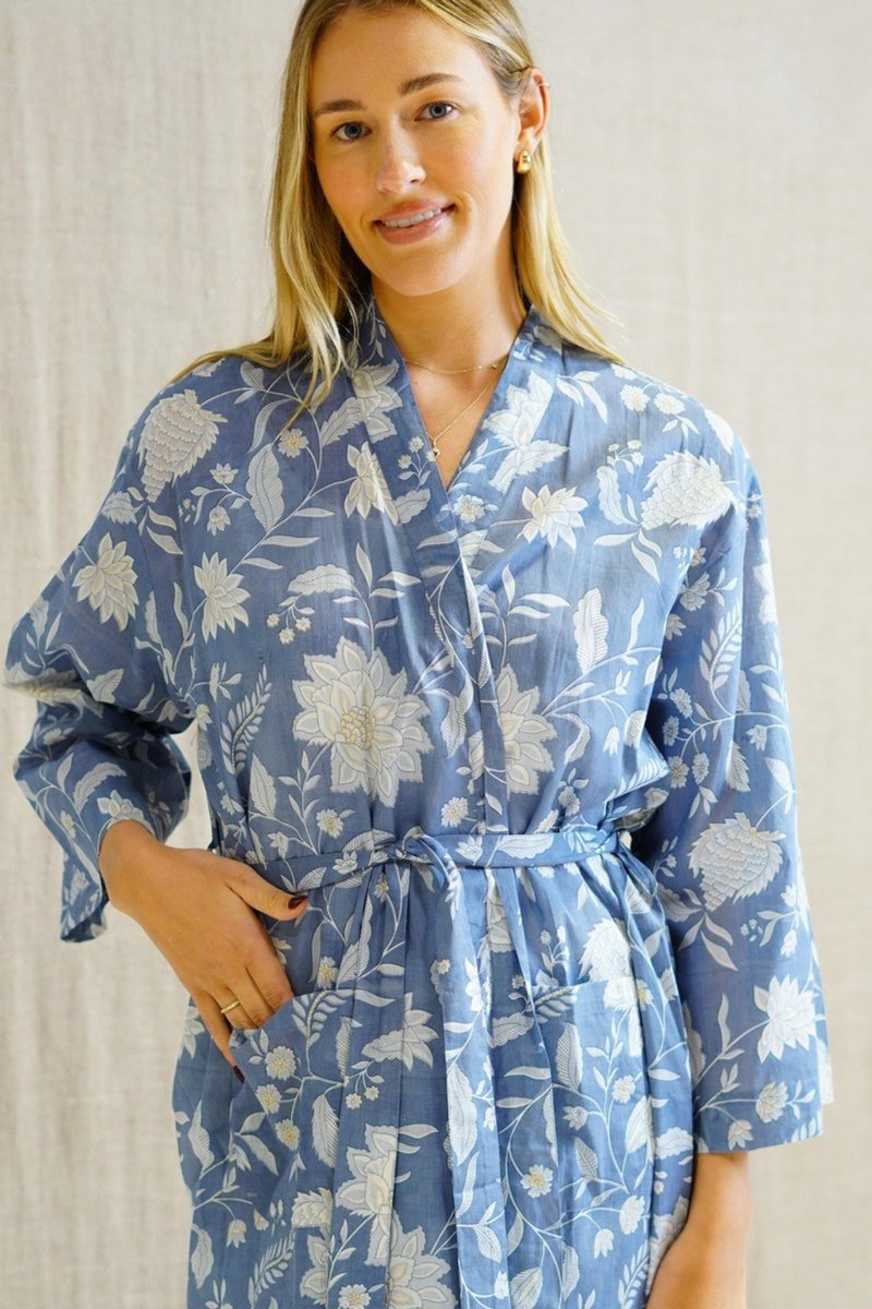 Kimono Robe-Cotton-Floral Design on Pale Blue Background