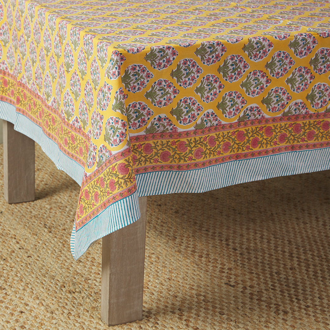 Umbria Tablecloth-block print-cotton-yellow-green-pink-blue