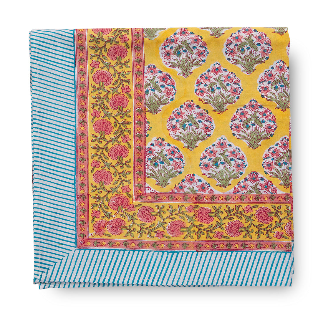 Umbria Tablecloth-block print-cotton-yellow-green-pink-blue