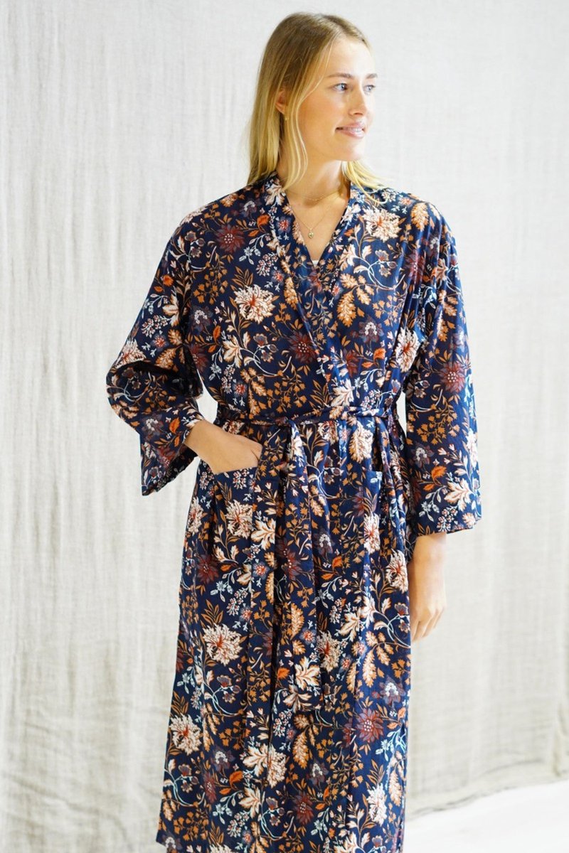 Kimono Robe-Cotton-Floral Design on Navy Background