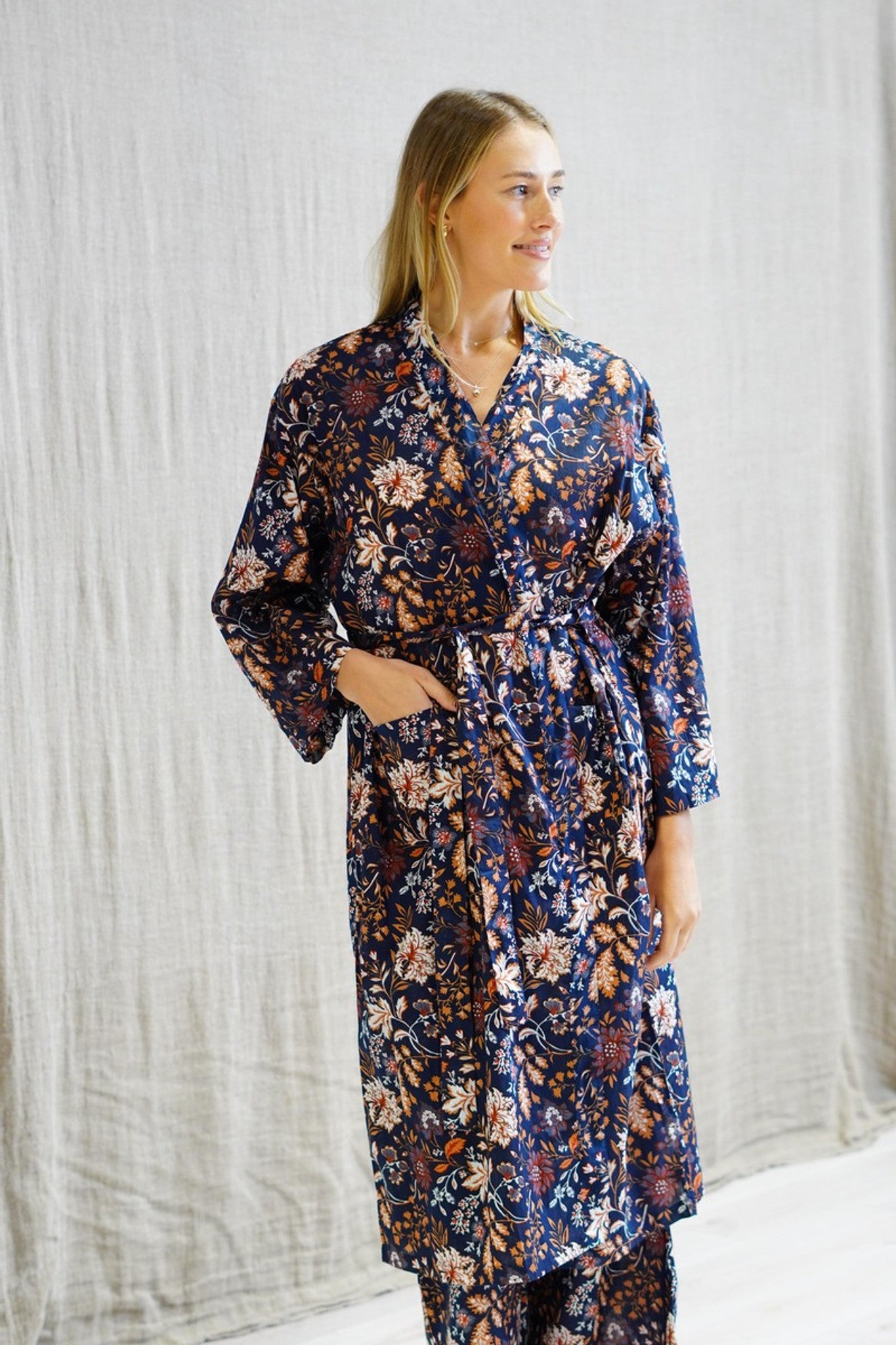 Kimono Robe-Cotton-Floral Design on Navy Background