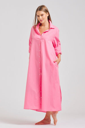 Luna Shirt Dress-Long Sleeve-Long Length- Cotton Poplin-Bubblegum Pink