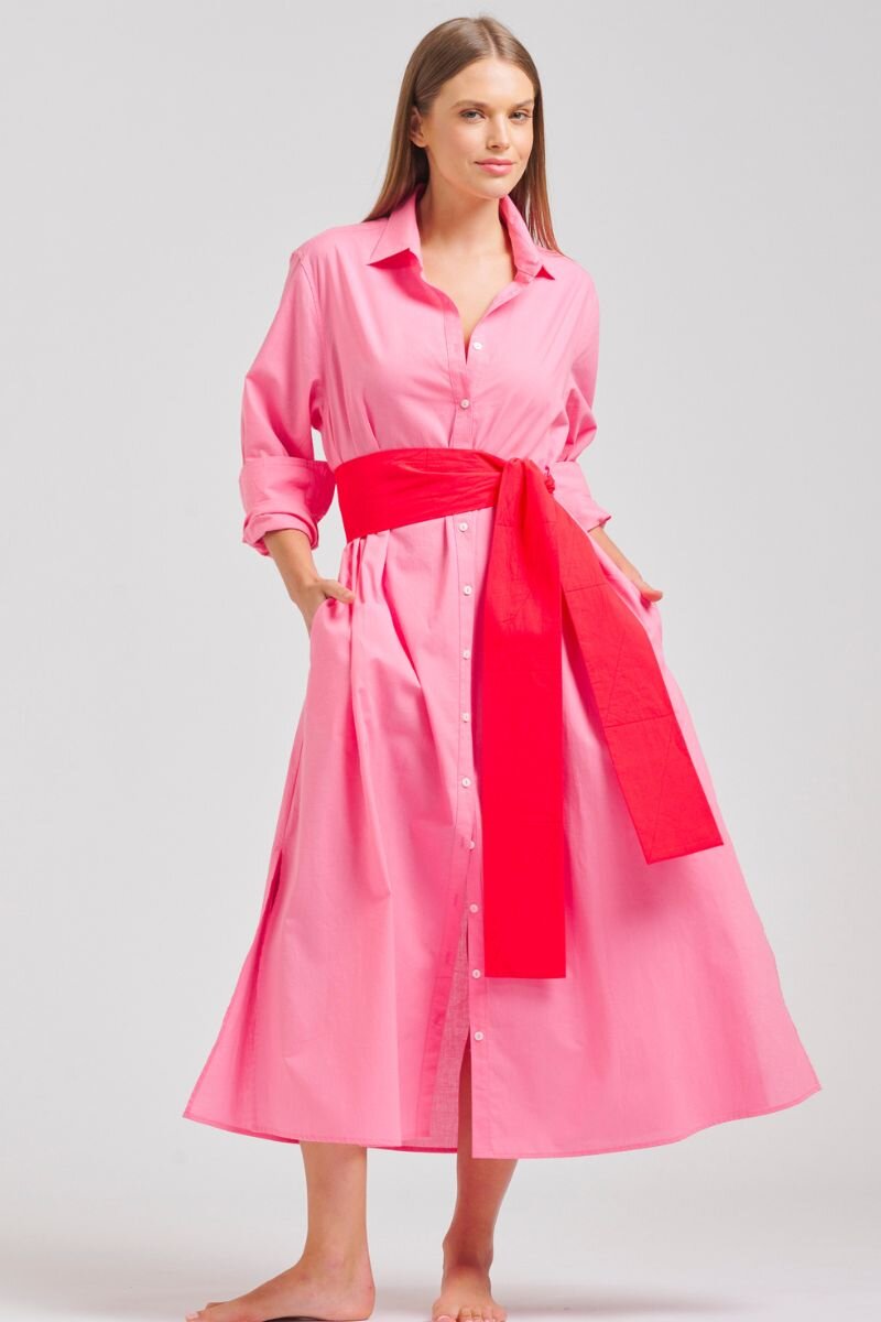 Luna Shirt Dress-Long Sleeve-Long Length- Cotton Poplin-Bubblegum Pink