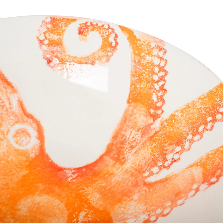 Handmade Serving Bowl-Made In Italy-Conical-Octopus Design-orange