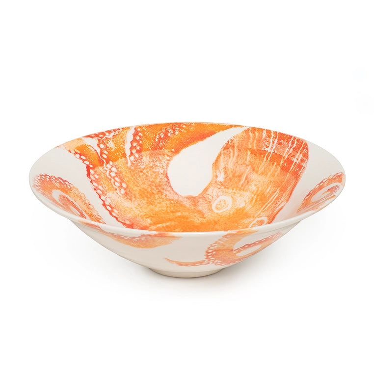Handmade Serving Bowl-Made In Italy-Conical-Octopus Design-orange