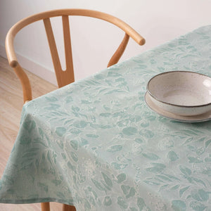 Orchard Tablecloth-Mint Green-Jacquard with fruit and Flower design-Stain Resistant-On table