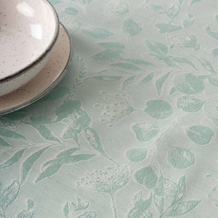 Orchard Tablecloth-Mint Green-Jacquard with fruit and Flower design-Stain Resistant-On table