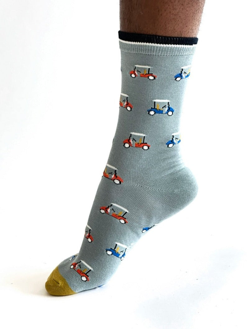 Jacob Little-Dulwich Hill-Thought socks- Blue with multi coloured golf buggies-Bamboo -Organic Cotton