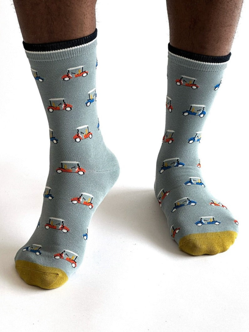 Jacob Little-Dulwich Hill-Thought socks- Blue with multi coloured golf buggies-Bamboo -Organic Cotton