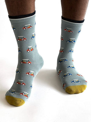 Jacob Little-Dulwich Hill-Thought socks- Blue with multi coloured golf buggies-Bamboo -Organic Cotton