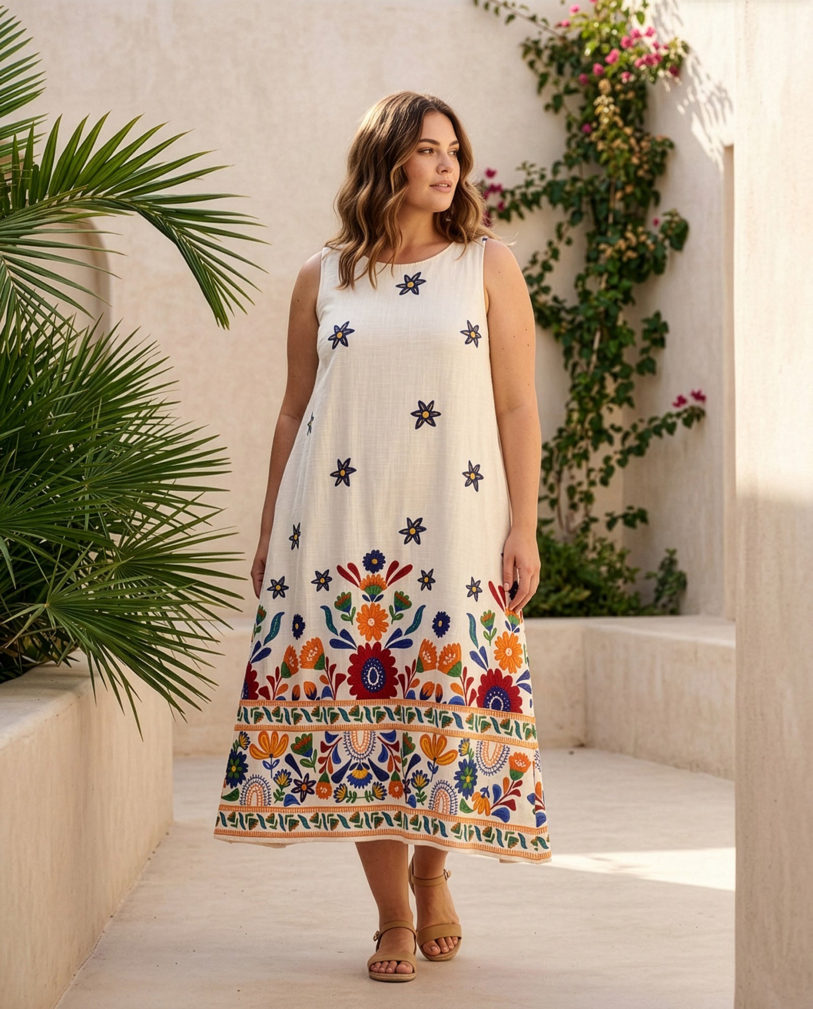 A woman modeling a sleeveless cream maxi dress with colorful floral embroidery and star motifs, set against a plain white studio background.