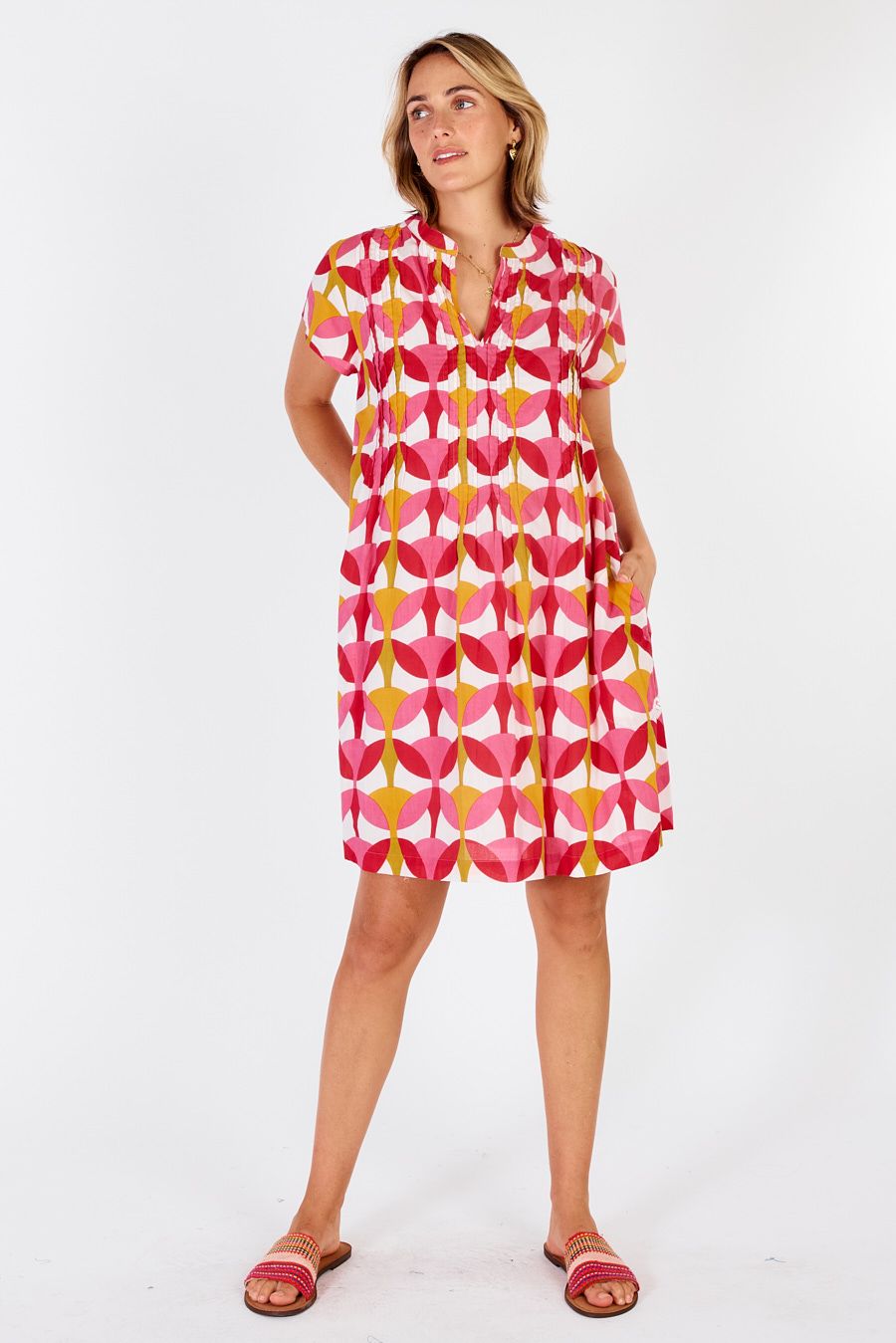 Phoenix Dress - Cotton Voile- Pink Orang and Green Graphic print -Front View Full length
