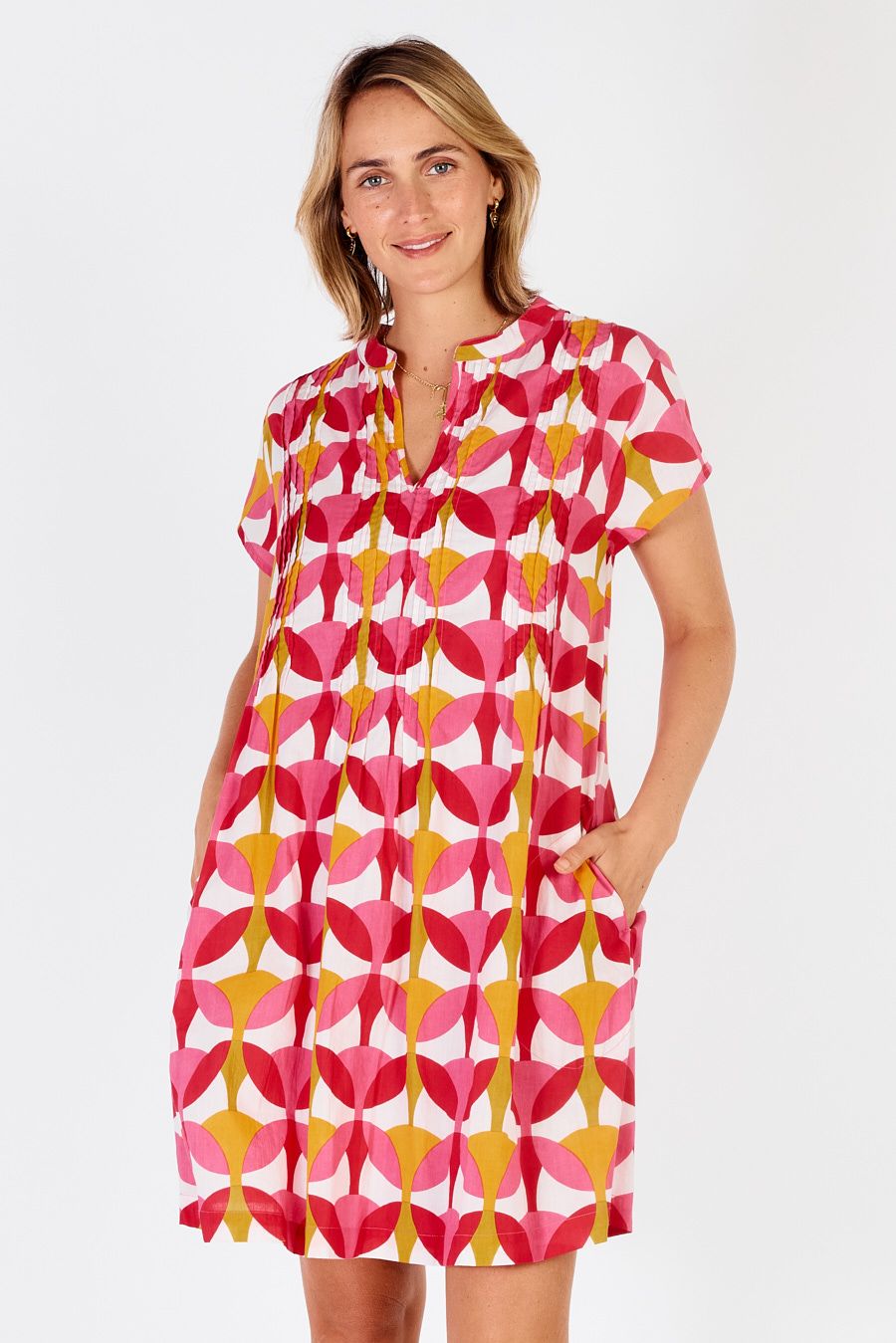 Phoenix Dress - Cotton Voile- Pink Orang and Green Graphic print -Front View Full length
