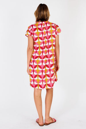 Phoenix Dress - Cotton Voile- Pink Orang and Green Graphic print -Back View