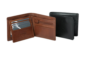 Brown leather wallet with card slots and a black wallet on a white background