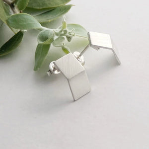 Silver geometric earrings on a light background with green leaves.