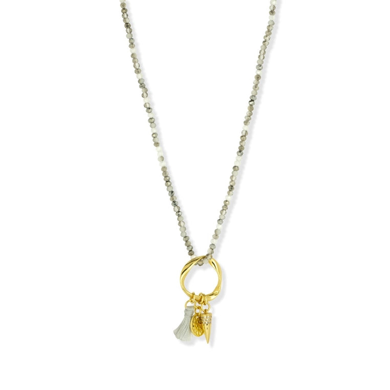 Sabina Necklace-Grey Crystals-Ring Pendant with tassels and charms-Flatlay close up