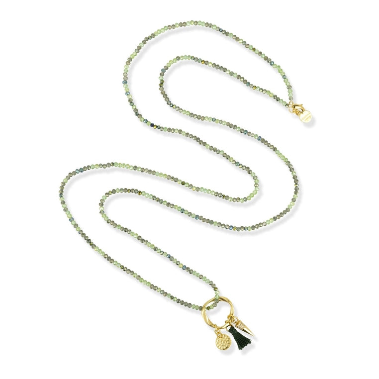 Sabina Necklace-Green Crystals Ring Pendant with Tassels and charms-Flatlay