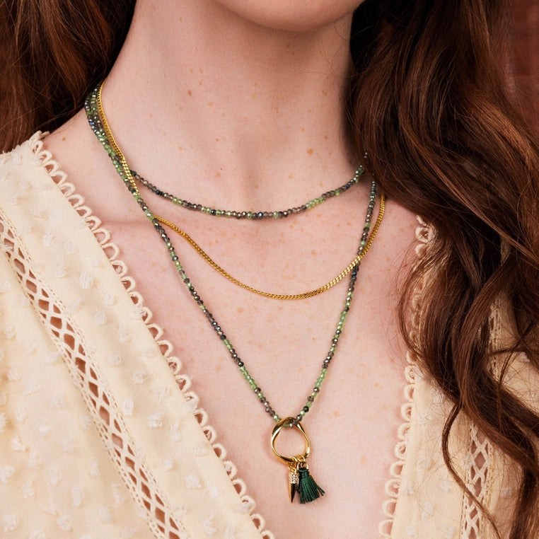 Sabina Necklace-Green Crystals Ring Pendant with Tassels and charms-Flatlay